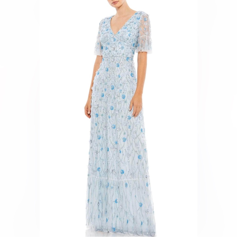 NWT Mac Duggal Sz 12 Embellished V-Neck Empire Waist Ruffle Hem Gown 35011